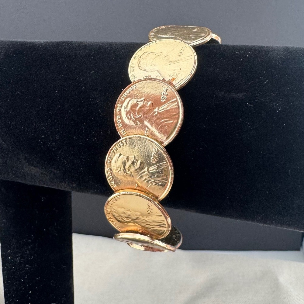 Lincoln Penny Coin Cuff Bracelet Gold Tone Statement Jewelry 1974 Copper 7.0"